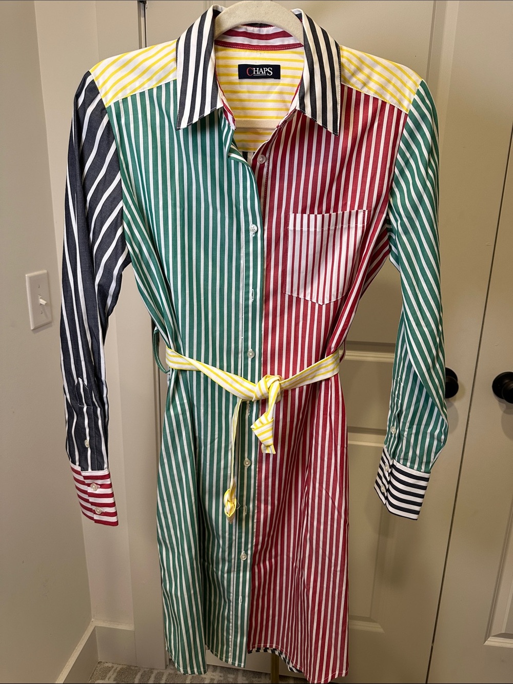 Chaps Multi-Stripe Shirt Dress in Green, Red, Yellow & Black